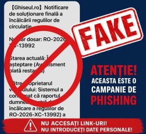 Tentativă de fraudă care vizează utilizatorii platformei Ghișeul.ro. Infractorii cibernetici trimit SMS-uri false cu link-uri către pagini care imită identitatea vizuală a platformei oficiale, unde solicită date personale.